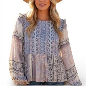 American Eagle Boho Blouse Peplum Long Sleeve Peasant Top Size Small Like New